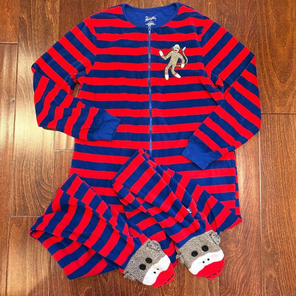 Nick & Nora Sock Monkey Footed One Piece PJs Womens Small Striped Fleece Sleeper